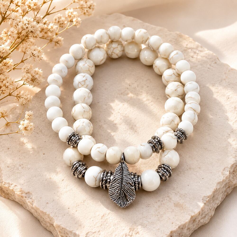 White Marble Beaded Stretch Bracelet Set Silver Leaf Charm Boho Stack Jewelry